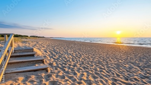 Sunset Beach Scene with Wooden Steps Leading to Sandy Shore Tranquil Evening Serene Coastal View Nature's Beauty
