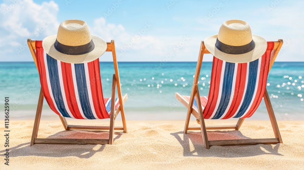 Fototapeta premium Relaxing Beach Chairs by the Ocean Summer Vacation Scene Serene Environment Inviting Perspective