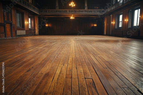 Scuffed wooden floorboards in an old dance hall reflecting years of history and movement