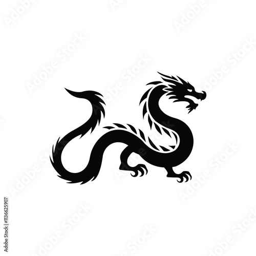 Black dragon icon. Mythical dragon isolated on white background. Stylish black dragon logo. Dragon silhouette vector. Vector illustration.