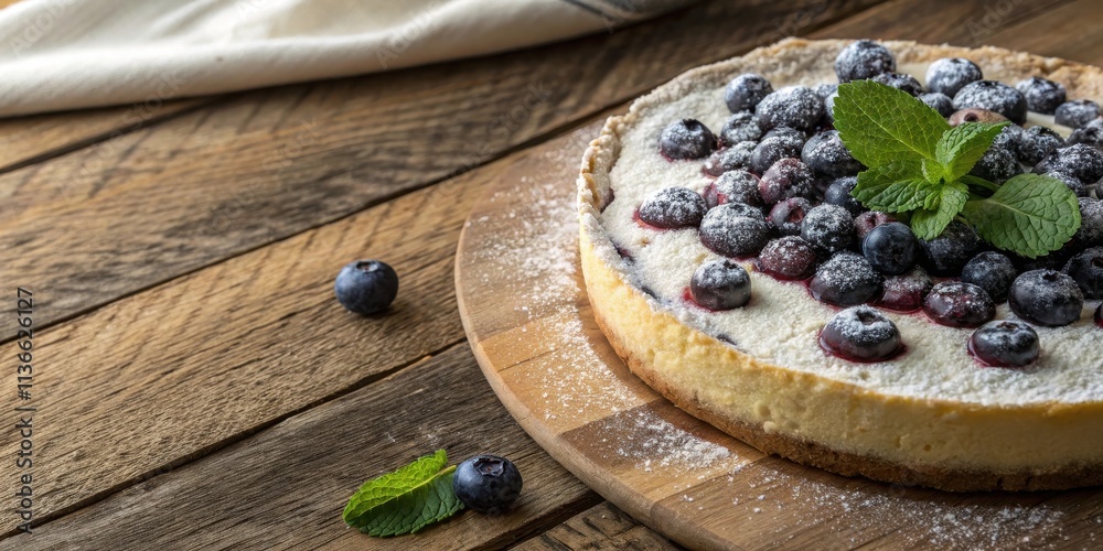 A close-up of a blueberry cheesecake dusted with powdered sugar and garnished with fresh mint on a wooden board. A close-up of a blueberry cheesecake dusted with powdered sugar and garnished with fresh mint on a wooden board.