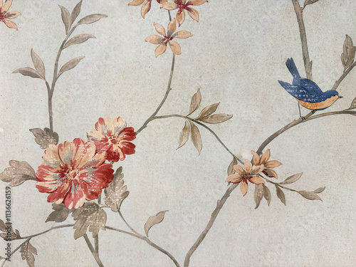 Close up vintage printed wallpaper illustration of red carnation flowers with its branches and leaves, with blue birds standing on them. Vintage chinoiserie wallpaper seamless background texture. 