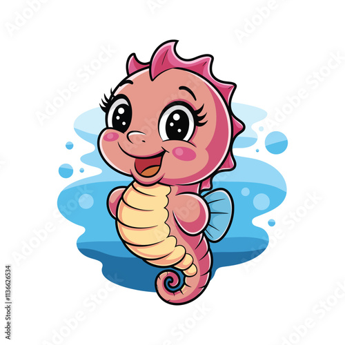 A cute pink seahorse with big eyes and a happy expression photo