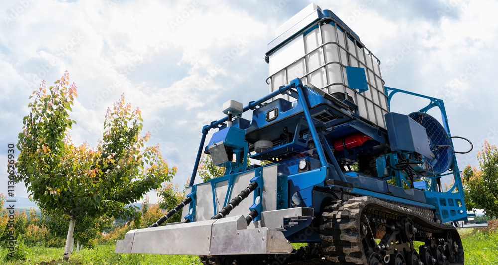 Autonomous robot sprayer works in a fruit garden. Smart farming concept. Autonomous robot sprayer works in a fruit garden. Smart farming concept.
