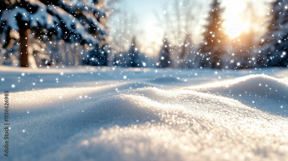 Snow landscape at sunset with falling snowflakes in a serene winter scene Snow landscape at sunset with falling snowflakes in a serene winter scene