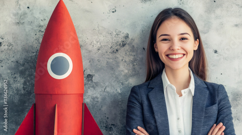Businesswoman posing with a toy rocket, symbolizing startup, innovation, and success in business