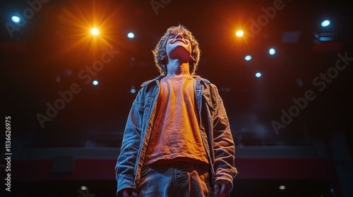 The Teenage boy performing stand-up comedy his glowing confidence earning uproarious laughter photo