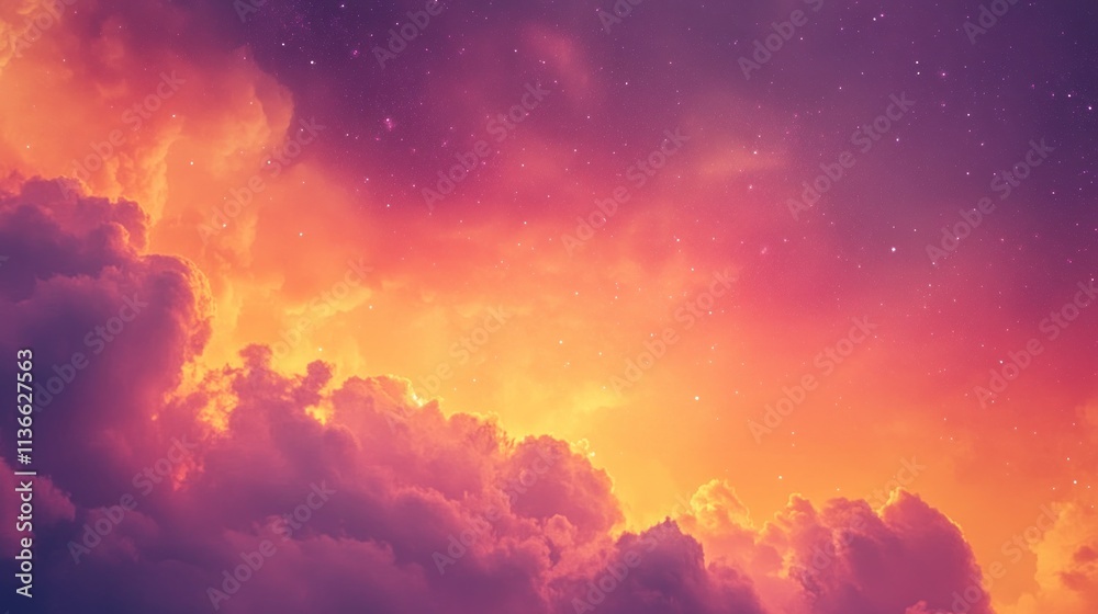 Fototapeta premium Dreamy Sunset Vibes Design a warm sunset-inspired background with gradient hues of orange, pink, and purple, featuring subtle silhouettes of clouds and faint glowing stars