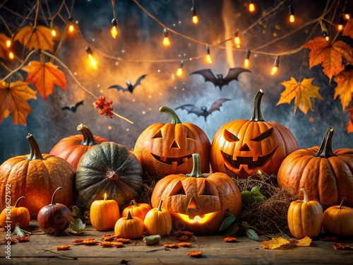 Spooky Halloween Party Panoramic: Pumpkin & Bat Decorations photo