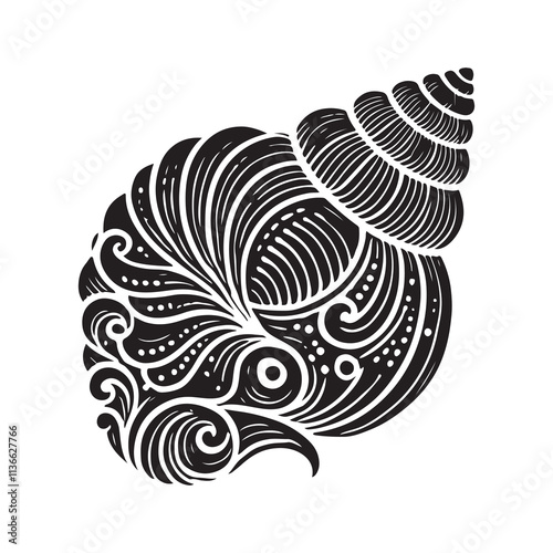 Seashell Silhouette Vector Illustration, Solid White Background.