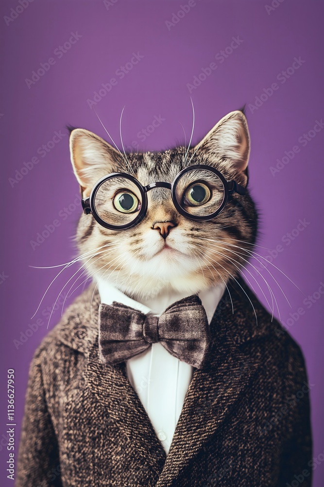 Portrait of an anthropomorphic cat in a vintage suit with glasses on a pastel purple background. Cute, silly concept.
