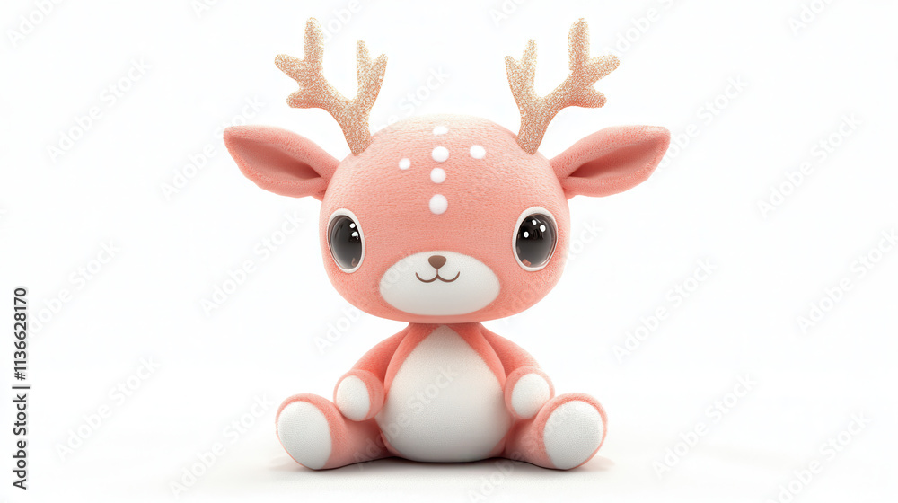 A photorealistic illustration of a soft, plush deer toy, featuring light pastel pink fur with white accents on its belly and legs