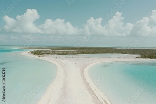 Serene aerial view of a pristine tropical island with a white sandbar splitting turquoise waters under a partly cloudy sky.  Ideal for travel, vacation, and paradise themes. photo