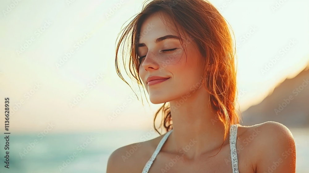 Serene Woman Enjoying Sunset at Beach Reflective Moment Coastal Environment Peaceful Viewpoint Tranquility Concept for Relaxation Serene Woman Enjoying Sunset at Beach Reflective Moment Coastal Environment Peaceful Viewpoint Tranquility Concept for Relaxation