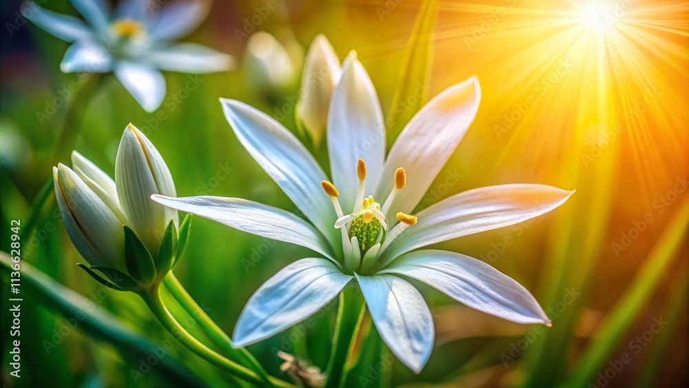 Fototapeta premium Star of Bethlehem Flower Macro Photography: High-Resolution Close-up Images of Ornithogalum Umbellatum Field Flowers in Sunlight
