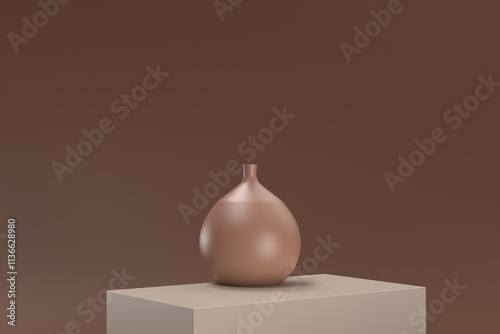 A brown vase sits on a brown surface