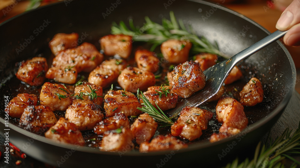Cooking Bacon is Genius, A delicious dish of golden-brown sauteed bites garnished with fresh herbs, served in a frying pan, showcasing a tempting culinary delight. Cooking Bacon is Genius, A delicious dish of golden-brown sauteed bites garnished with fresh herbs, served in a frying pan, showcasing a tempting culinary delight.