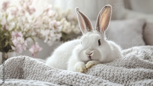 White rabbit resting on gray blanket amidst soft neutral decor