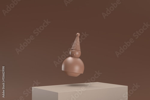 A small brown figure with a hat is floating in the air