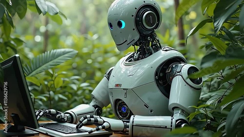 A humanoid robot, working at a computer, immersed in lush greenery, combining advanced technology with nature. photo