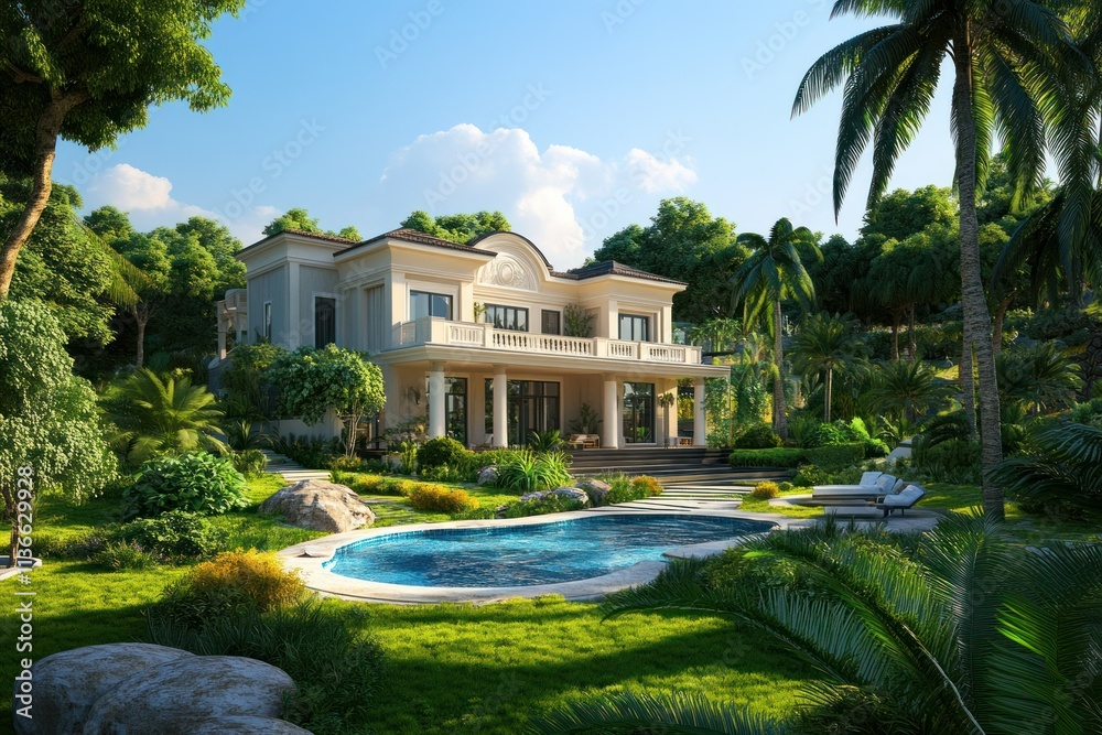 Colonial-style villa surrounded by vibrant greenery, a private pool, and sunny blue skies Colonial-style villa surrounded by vibrant greenery, a private pool, and sunny blue skies