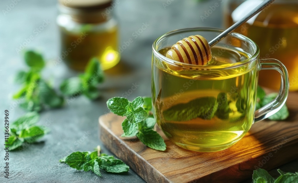 A glass mug of tea with honey, sitting on a wooden board, with a spoon in the cup A glass mug of tea with honey, sitting on a wooden board, with a spoon in the cup