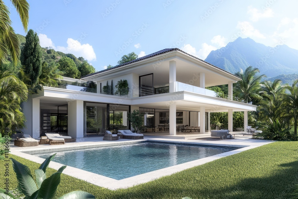 Fototapeta premium Modern tropical villa with a spacious pool, lush surroundings, and mountain views
