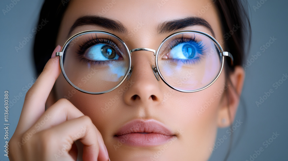 Fototapeta premium Businesswoman in glasses pondering future of technology while digital data reflects on lenses