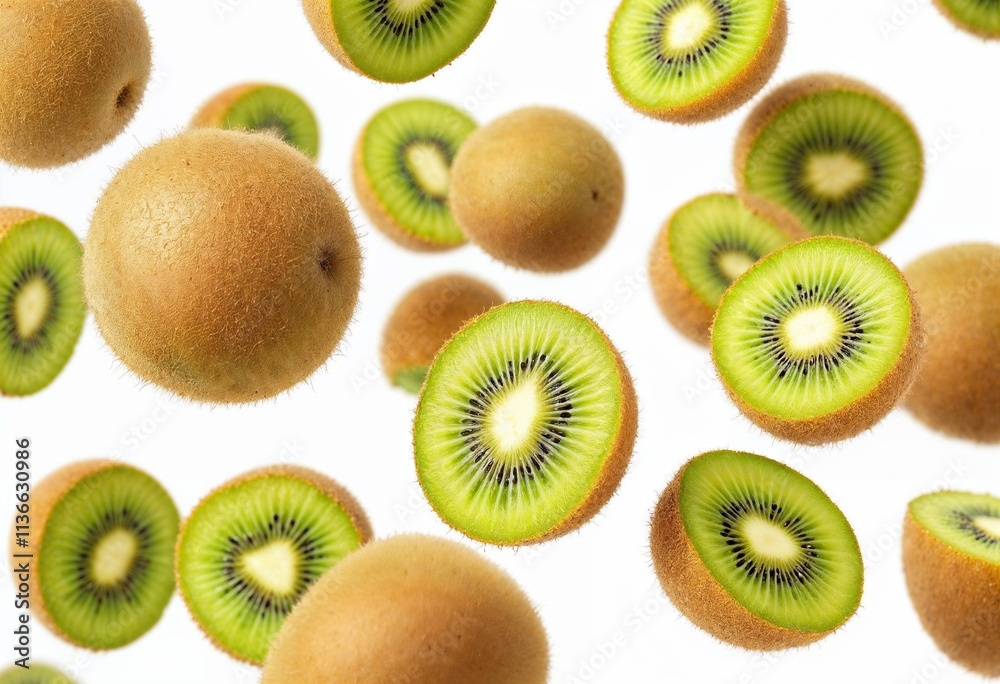 Fototapeta premium Vibrant kiwi fruits, both whole and sliced halves, appearing fresh and suspended in mid-air, isolated against a pure white background, perfectly illustrating their nutritious and exotic appeal.