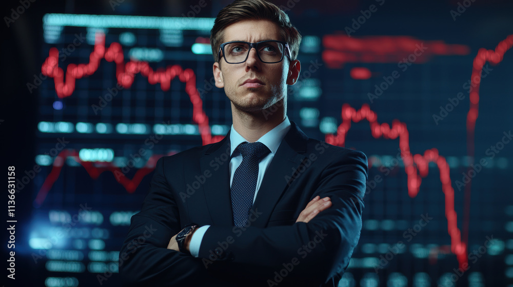 financial consultant stands confidently with arms crossed, analyzing data financial consultant stands confidently with arms crossed, analyzing data