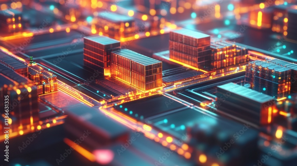 Abstract representation of an electronic circuit board with glowing elements. Abstract representation of an electronic circuit board with glowing elements.