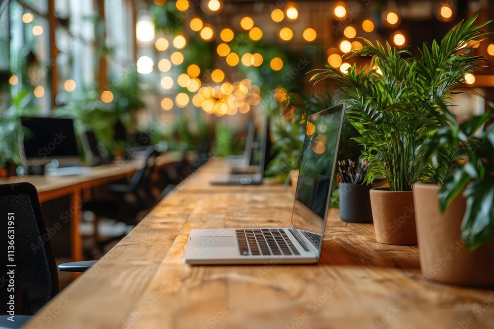 Modern open-plan office with wooden flooring and desks urban setting interior design cozy atmosphere professional focus Modern open-plan office with wooden flooring and desks urban setting interior design cozy atmosphere professional focus
