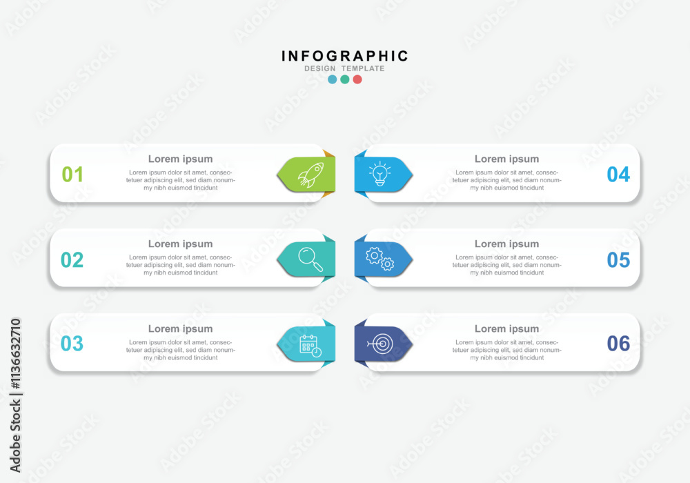 Business infographic template. 6 Step timeline journey. 6 options on white background Business infographic template. 6 Step timeline journey. 6 options on white background