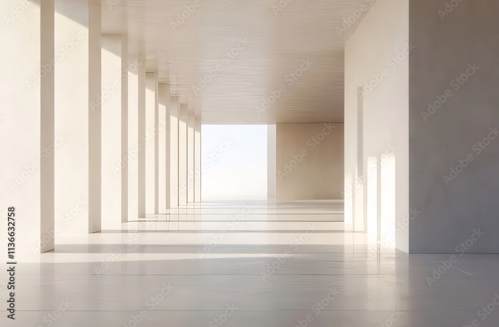 Sunlit minimalist hallway with columns and doors. Sunlit minimalist hallway with columns and doors.