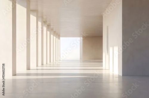 Sunlit minimalist hallway with columns and doors.