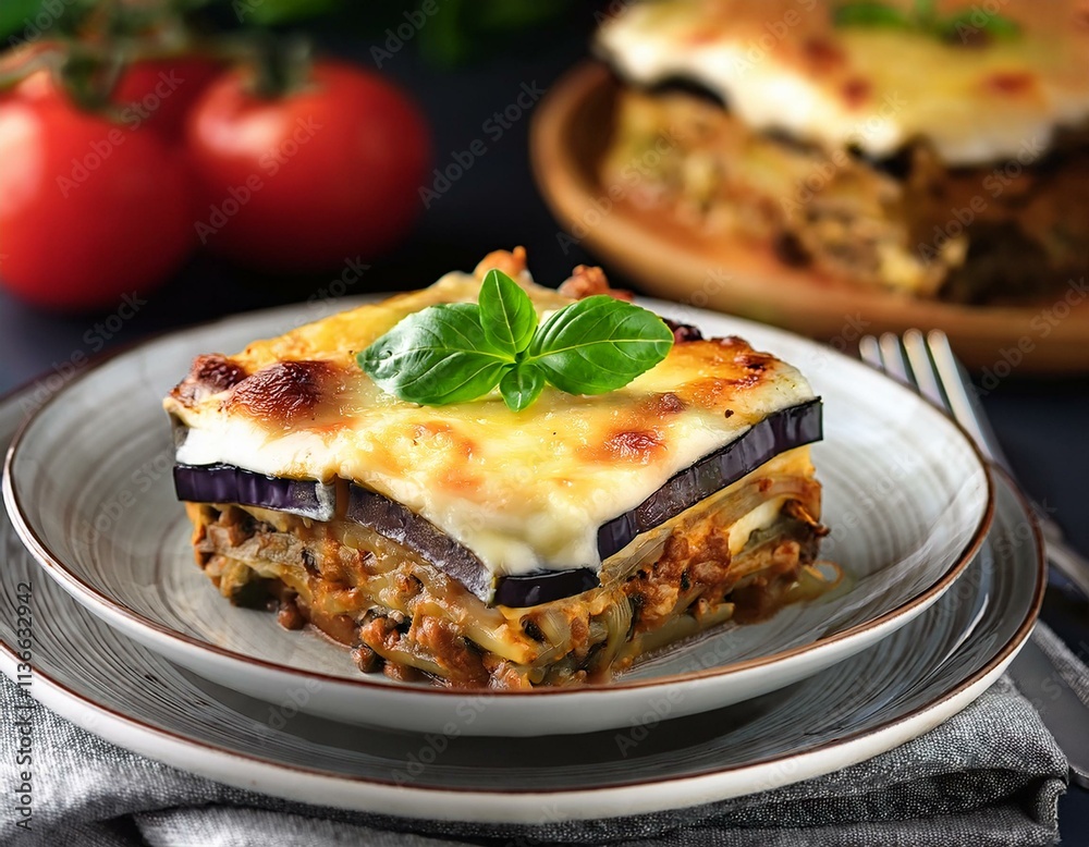 Generated image Authentic Greek moussaka with layers of eggplant and béchamel sauce. Generated image Authentic Greek moussaka with layers of eggplant and béchamel sauce.