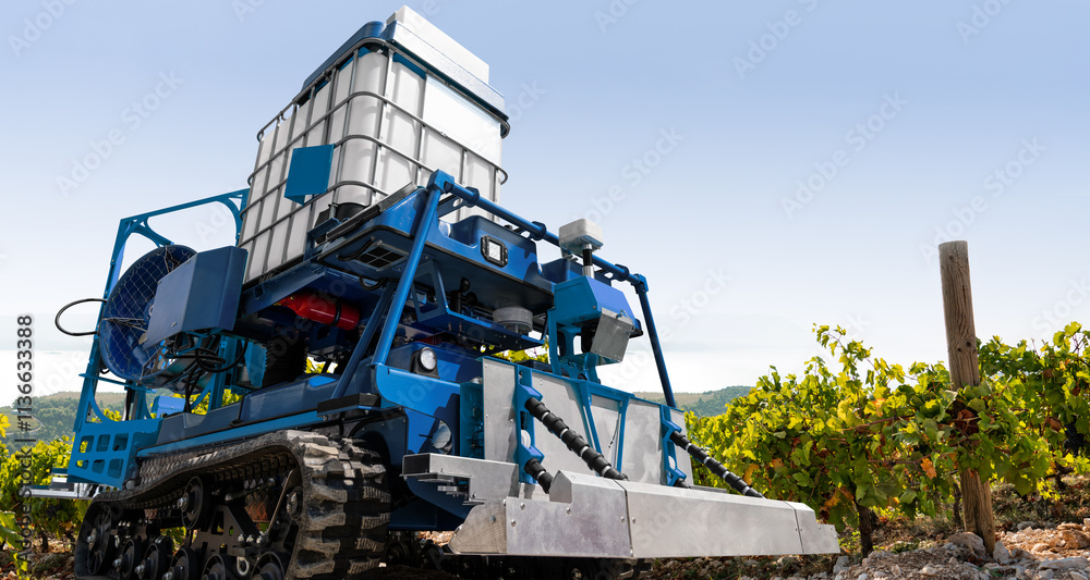 Autonomous robot sprayer works in a vineyard. Smart farming concept. Autonomous robot sprayer works in a vineyard. Smart farming concept.