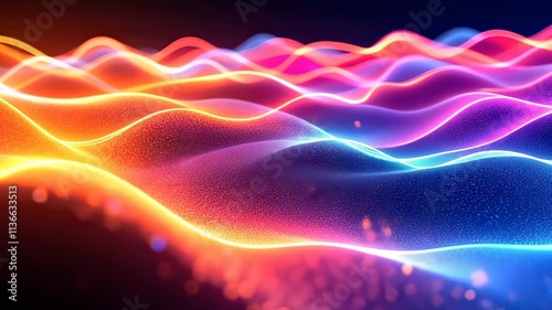 Vibrant neon waves glowing in a dynamic, futuristic abstract pattern. photo