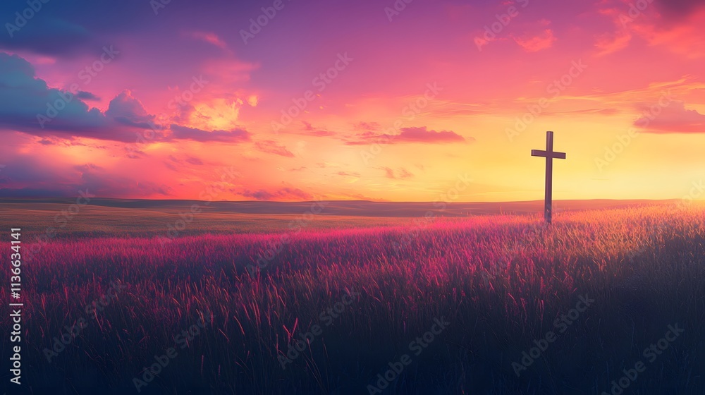 Sunset Cross in a Vibrant Field of Grass Sunset Cross in a Vibrant Field of Grass