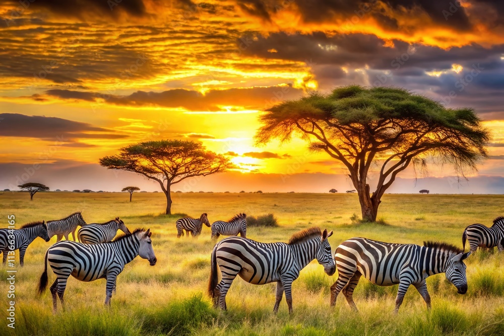 Fototapeta premium Stunning Zebra Herd Grazing in Serengeti National Park, Tanzania - A Breathtaking Wildlife Experience Amidst Dramatic African Landscape and Vibrant Sunset