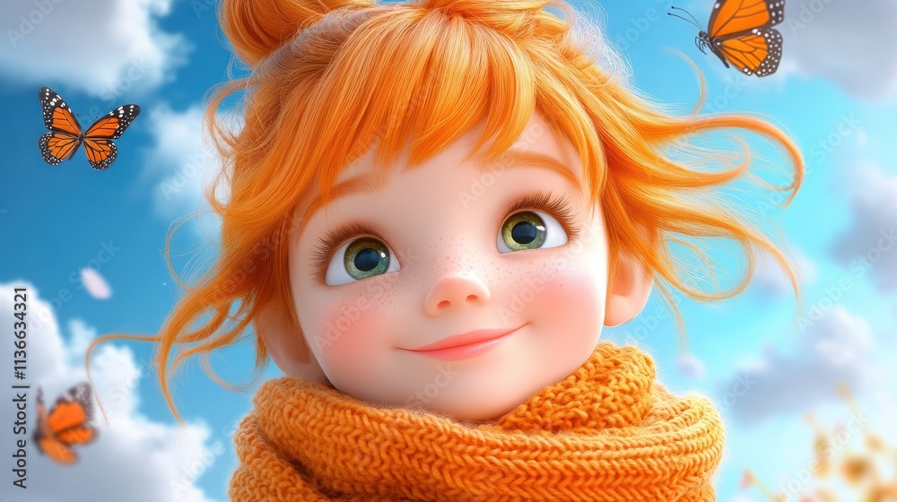 A cheerful animated girl with orange hair, smiling amidst butterflies and a blue sky. A cheerful animated girl with orange hair, smiling amidst butterflies and a blue sky.
