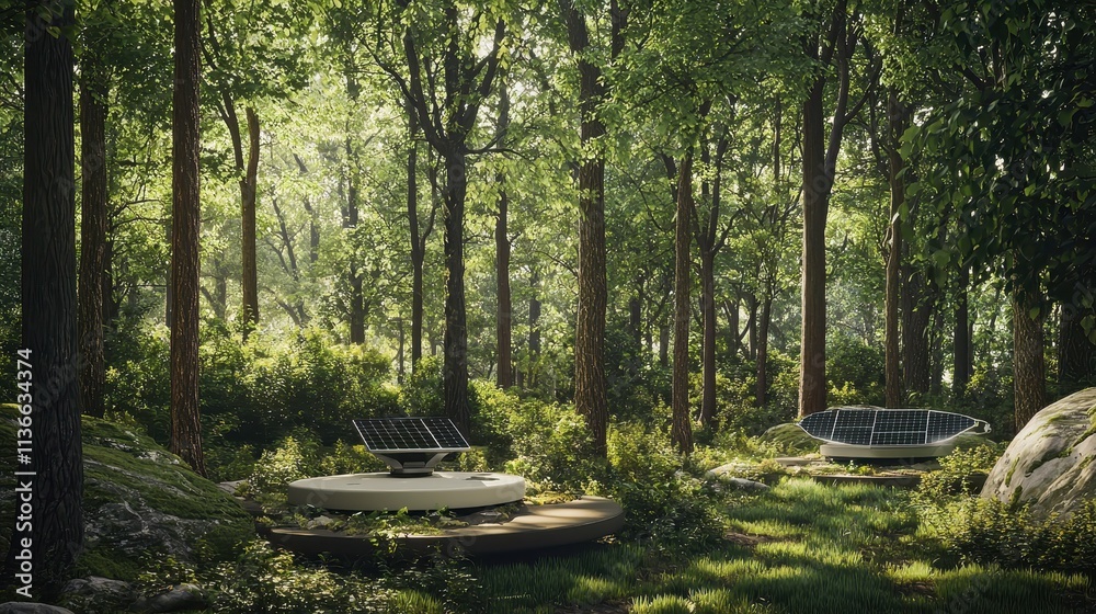 A serene forest scene where AI-driven conservation drones monitor wildlife and environmental conditions. Solar-powered robotic sensors are camouflaged within the trees, blending seamlessly with A serene forest scene where AI-driven conservation drones monitor wildlife and environmental conditions. Solar-powered robotic sensors are camouflaged within the trees, blending seamlessly with