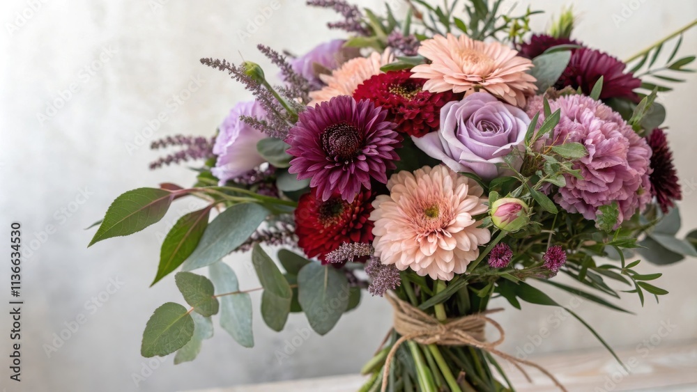 A delicate bouquet of pastel and burgundy blossoms with lush greenery, showcasing a symphony of color and texture. A delicate bouquet of pastel and burgundy blossoms with lush greenery, showcasing a symphony of color and texture.