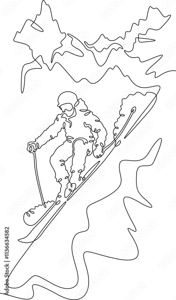 Continuous one line drawing skier in the mountains. Mountain landscape. Skier on the mountain slope. Alpine skiing. One continuous line isolated minimal illustration.Not AI. Continuous one line drawing skier in the mountains. Mountain landscape. Skier on the mountain slope. Alpine skiing. One continuous line isolated minimal illustration.Not AI.
