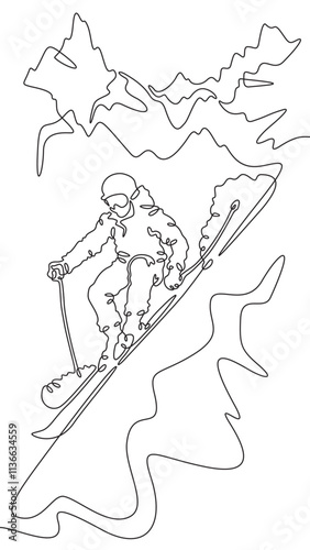 Continuous one line drawing skier in the mountains. Mountain landscape. Skier on the mountain slope. Alpine skiing. One continuous line isolated minimal illustration.Not AI.