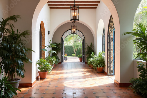 Traditional Spanish Colonial Hallway in Warm Tones for Elegant Interior Design