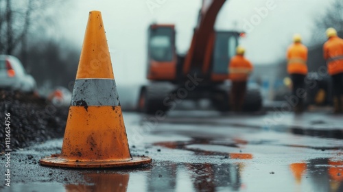 Close-up of a construction cone on a wet road, with blurred workers in the background, showcasing a construction site ambiance. with copy space photo