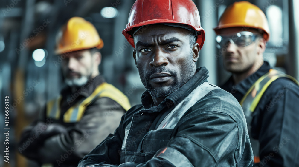 Confident industrial workers in hardhats and safety vests posing with arms crossed for a factory portrait Confident industrial workers in hardhats and safety vests posing with arms crossed for a factory portrait