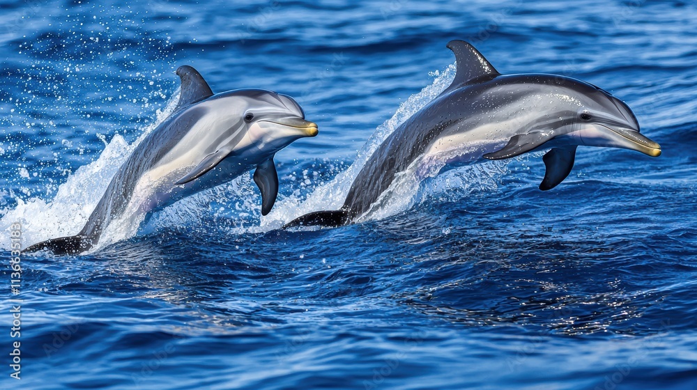 Naklejka premium Two Dolphins Jumping Playfully Above the Ocean Waves in Sunlight