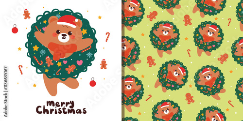 card and pattern cartoon bear with christmas wreath and winter stuff. cute cartoon for christmas card
